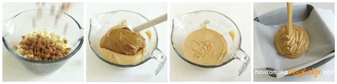 series of 4 pictures showing how to melt peanut butter and white chips then add the peanut butter and salt before pouring the peanut butter fudge into an 8 inch square pan