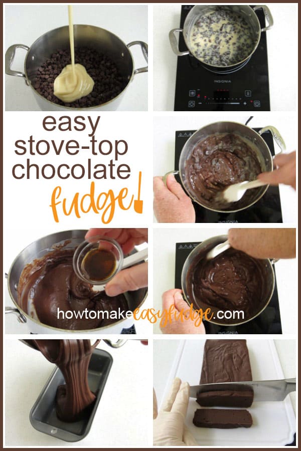 collage of images showing how to make easy 3-ingredient chocolate fudge on the stove