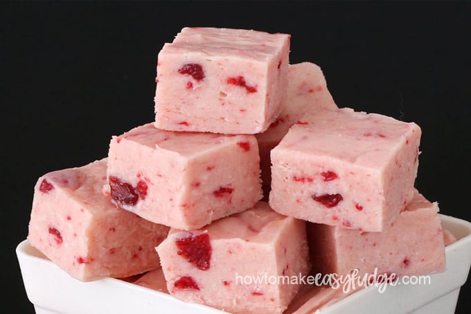 bright pink white chocolate fudge speckled with real strawberries