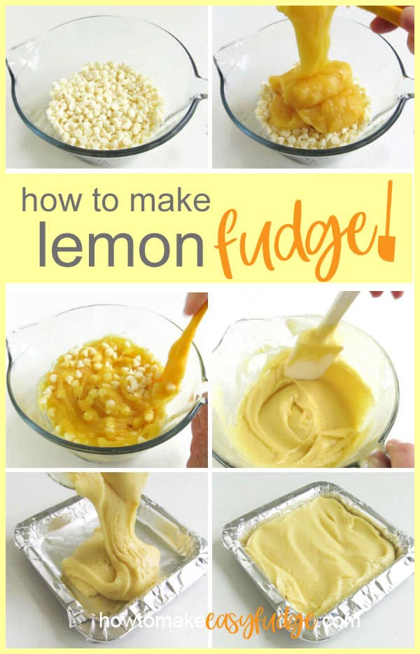 collage of images showing how to make easy microwave 2-ingredient lemon fudge