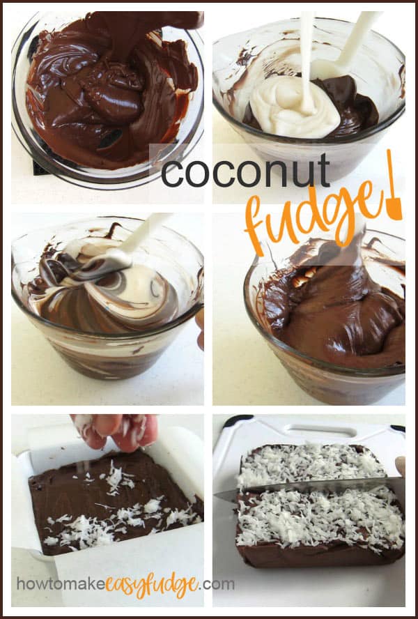 collage of images showing how to melt chocolate, stir in coconut cream, pour into pan and sprinkle with coconut to make chocolate coconut fudge