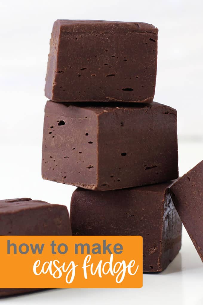 stack of chocolate fudge header for how to make easy fudge recipe