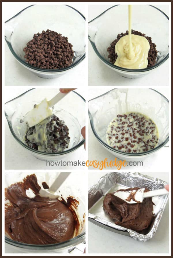 collage of images showing how to make milk chocolate fudge including melting milk chocolate chips with sweetened condensed milk