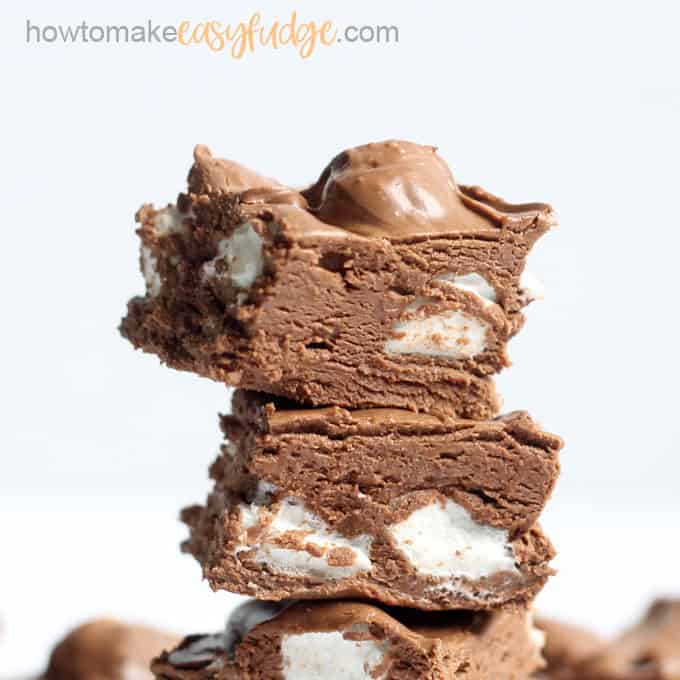 close up of marshmallow fluff fudge with white background 