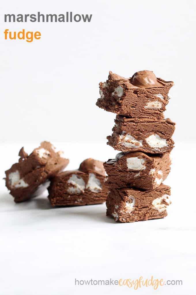 stack of easy marshmallow fudge with white background 