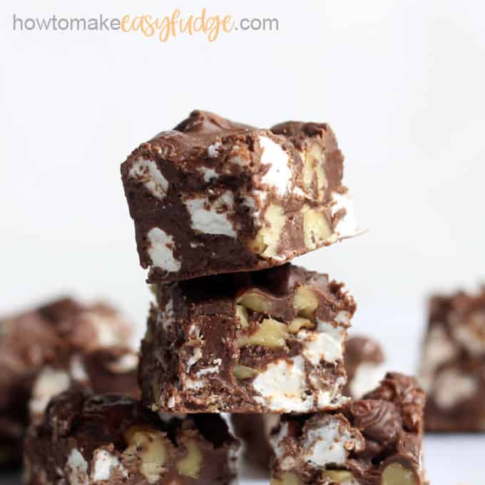 close up stack of rocky road fudge 