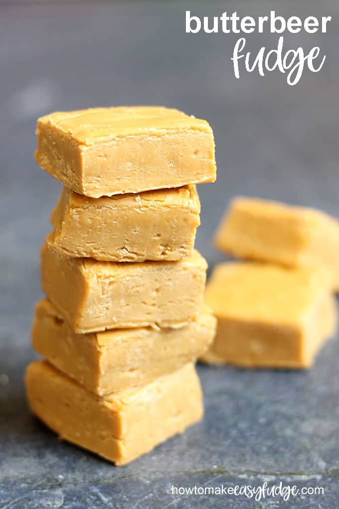 Butterbeer fudge stacked in vertical image. 