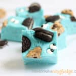 close-up image of blue cookie monster fudge with white background