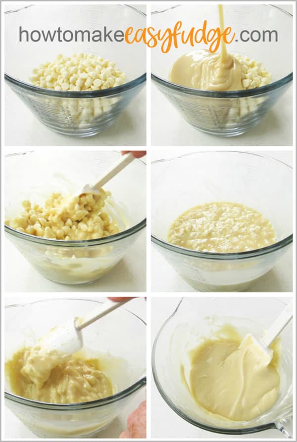 collage of images showing the step-by-step method for making white chocolate fudge in the microwave