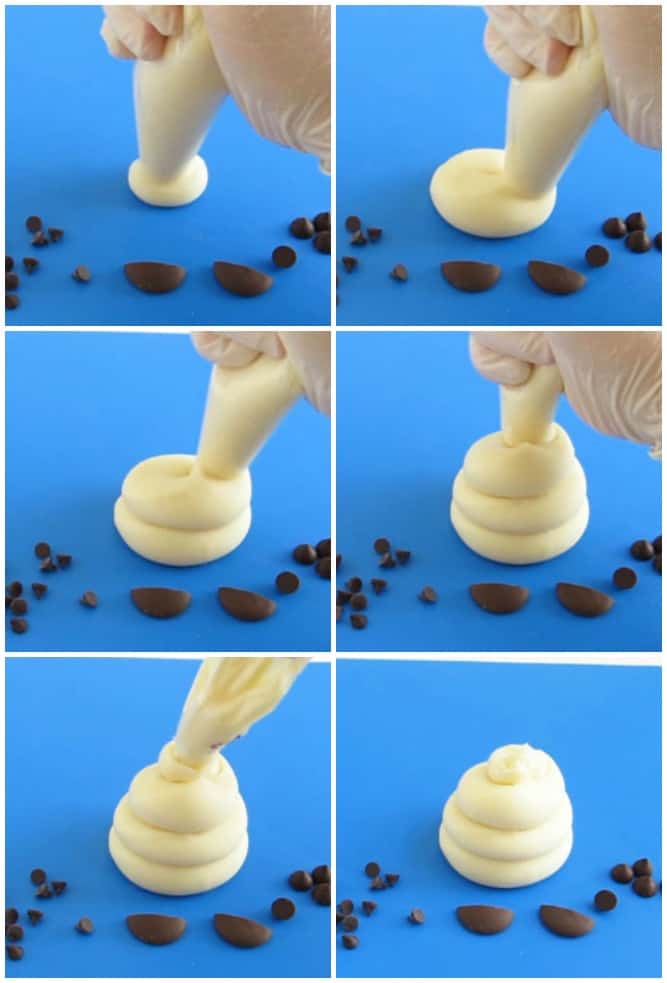 collage of images showing how to pipe swirls of white chocolate fudge to make poop emoji fudge ghosts