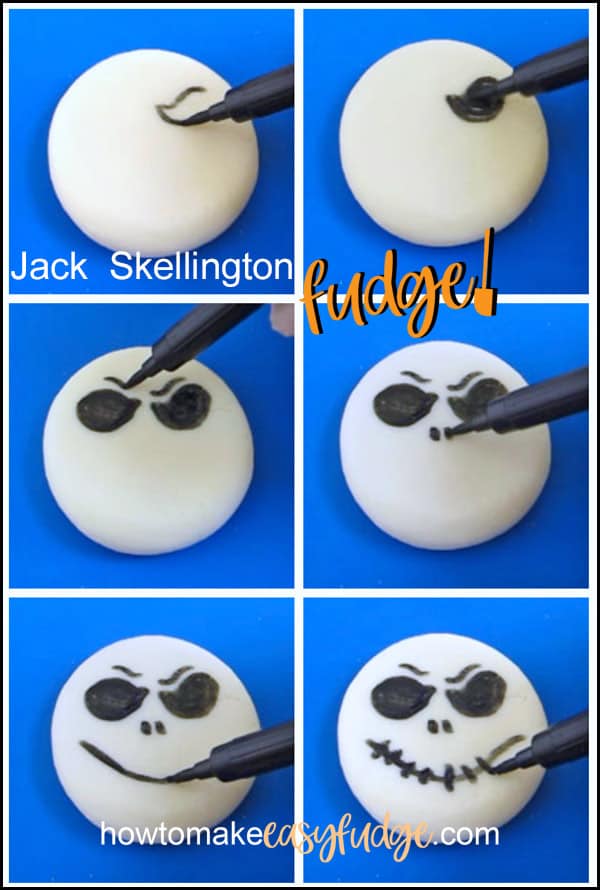 collage of images showing how to draw a Jack Skellington face onto white chocolate fudge disks. 
