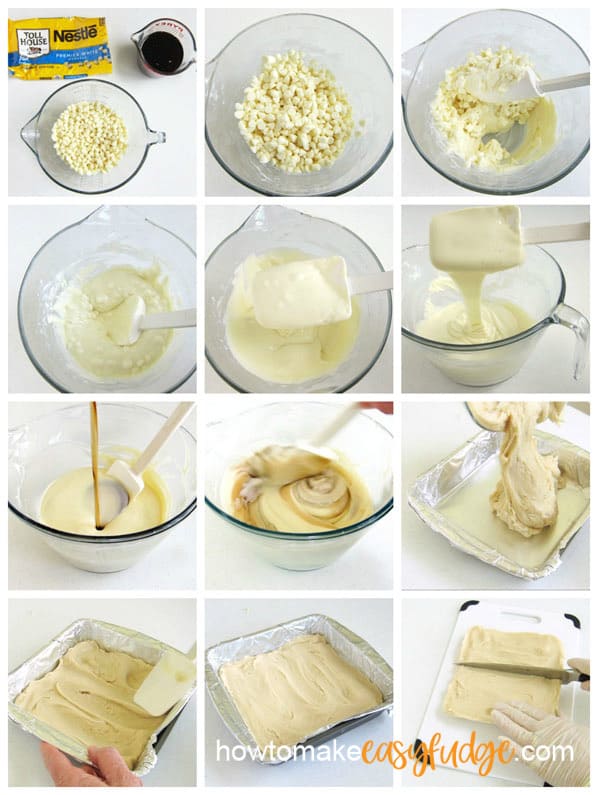 collage of images of melting white chocolate chips and stirring in maple syrup to make easy maple fudge