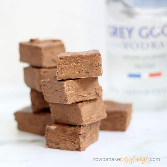 stacked chocolate vodka fudge with bottle