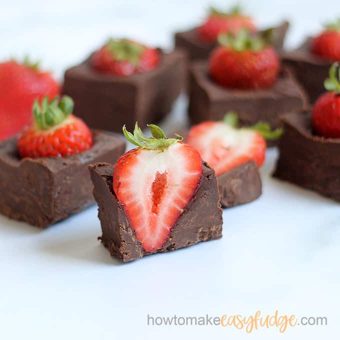 3-ingredient chocolate covered strawberry fudge close up
