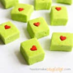 View of green and red heart GRINCH fudge for Christmas.