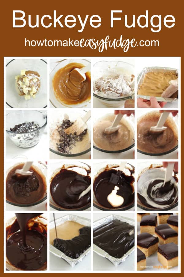 collage of images showing the steps to making buckeye fudge in the microwave