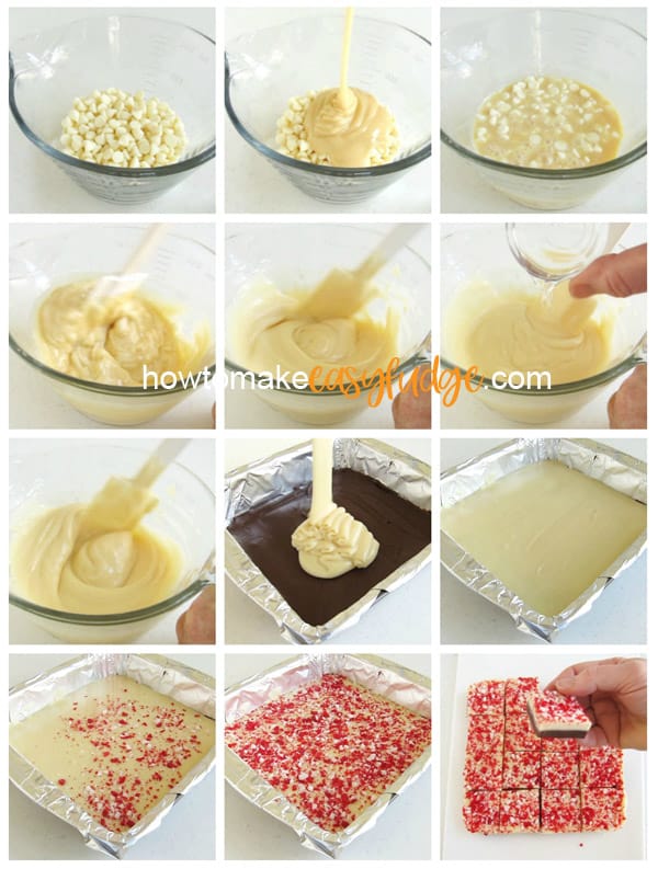 Collage of images showing how to melt white chocolate and sweetened condensed milk, stir in peppermint extract, then pour the fudge over the chocolate layer before sprinkling on candy cane pieces. 
