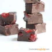 This dark chocolate cherry fudge recipe needs only four ingredients and can be made in minutes in the microwave. The delicious combination of chocolate and cherries is a favorite! 