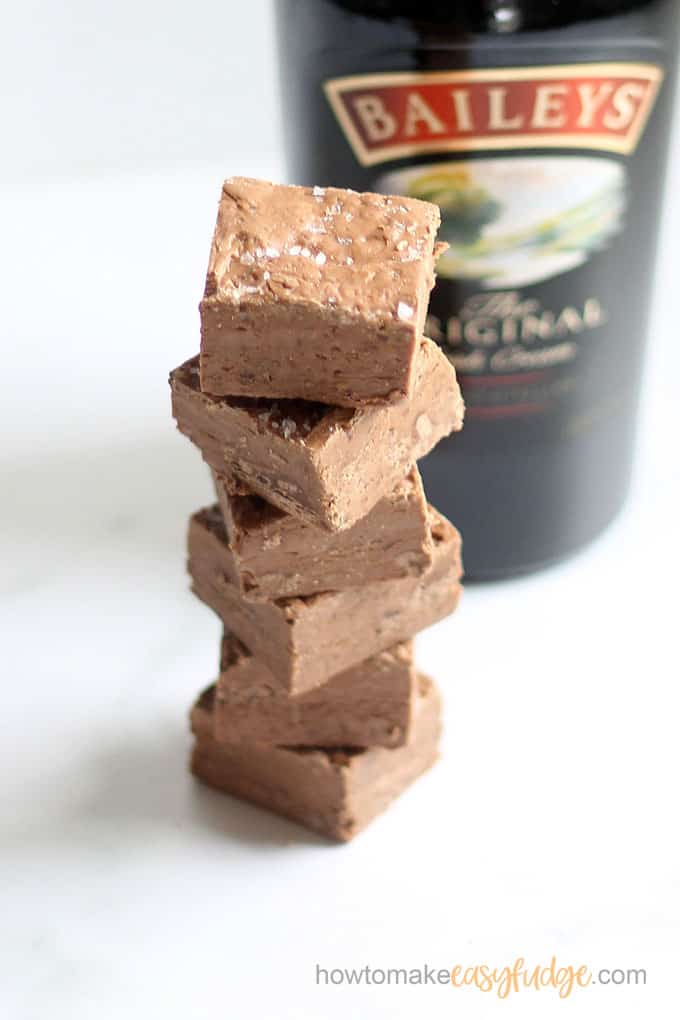 Bailey's fudge recipe stacked with bottle 