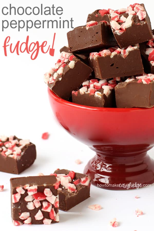 a red bowl filled with squares of chocolate peppermint fudge topped with red and white mint candies