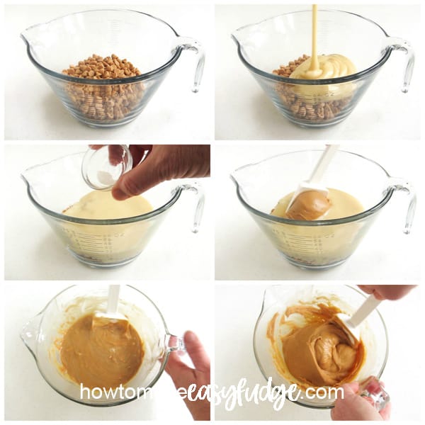 collage of images showing how to make peanut butter fudge using sweetened condensed milk, peanut butter chips, peanut butter, and salt