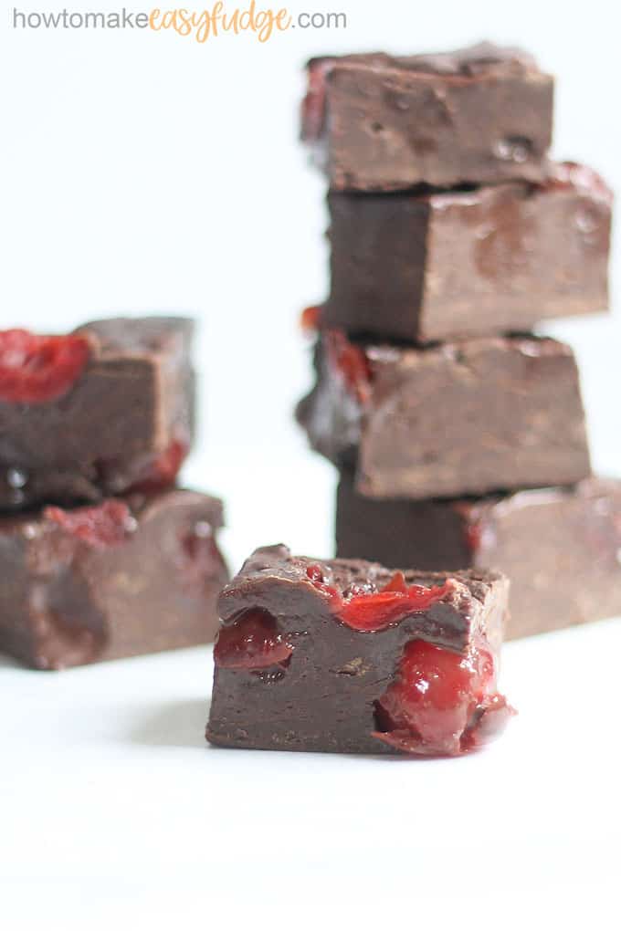 Dark chocolate cherry fudge recipe stacked fudge image