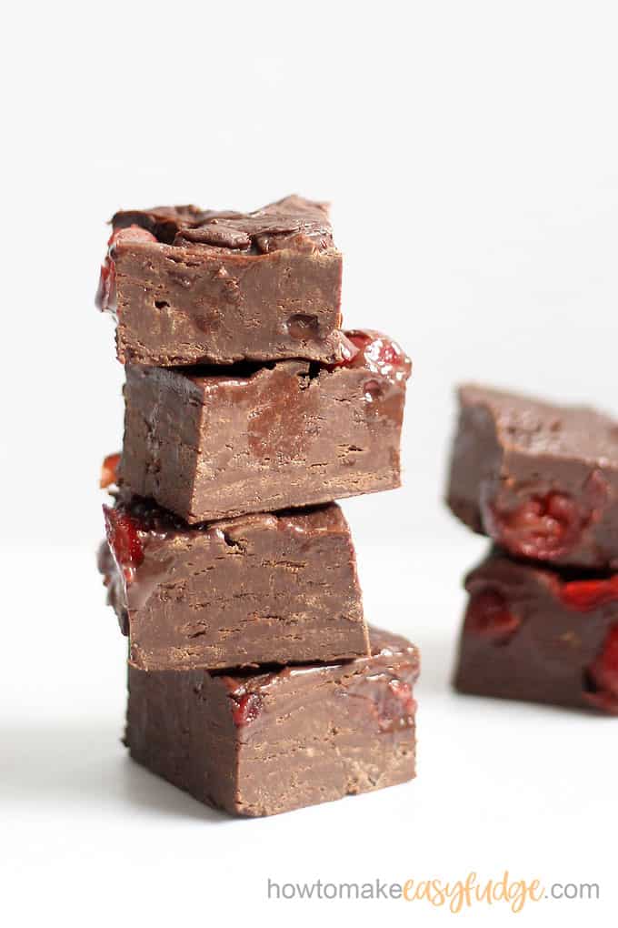 stacked image of Dark chocolate cherry fudge recipe