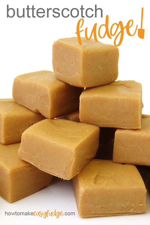 squares of creamy butterscotch fudge are piled on top of each other on a white background