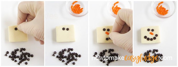 collage of images showing how to decorate snowman fudge using mini chocolate chips and carrot sprinkles