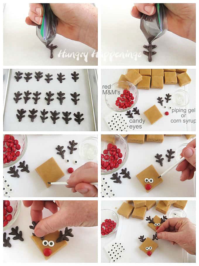 collage of images showing how to decorate reindeer fudge