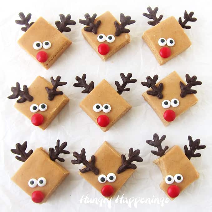 9 squares of peanut butter fudge decorated like reindeer