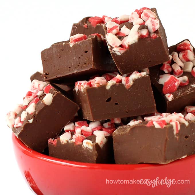 closeup image of chocolate mint fudge topped with soft and creamy red and white peppermint candies stacked in a red bowl on a white background