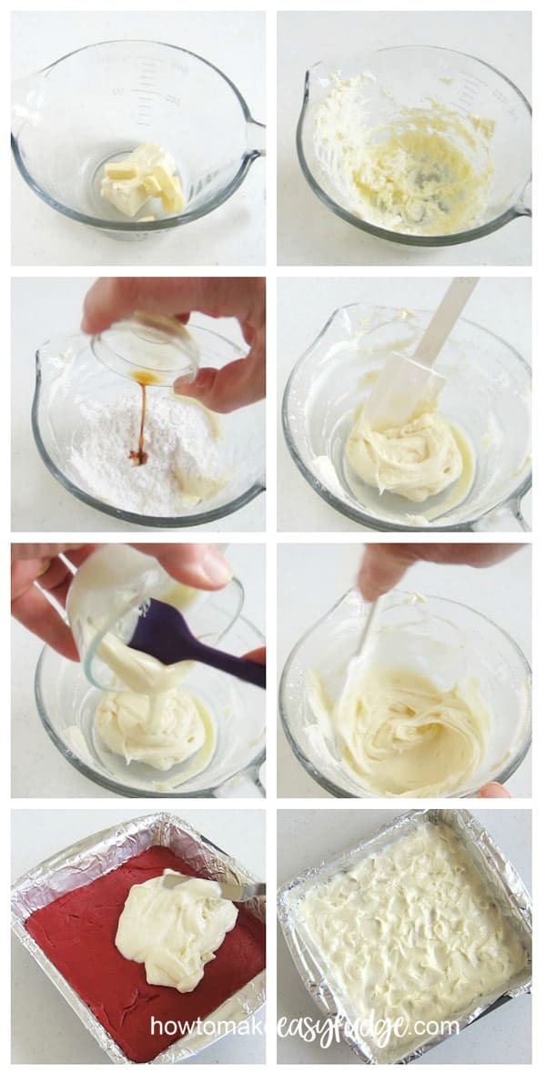 Collage of images showing how to make the Cream Cheese Frosting Fudge layer of Red Velvet Fudge. 