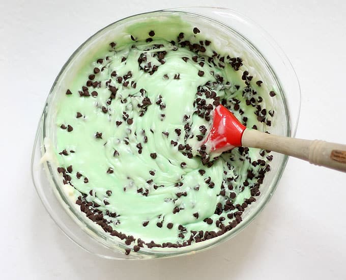 mint chocolate chip fudge in bowl 