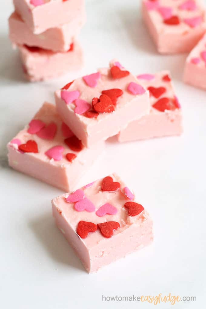 stack of strawberry frosting fudge for Valentine's Day 