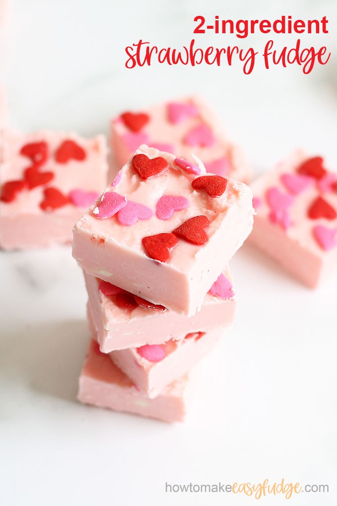 stack of 2-ingredient strawberry frosting fudge for Valentine's Day 