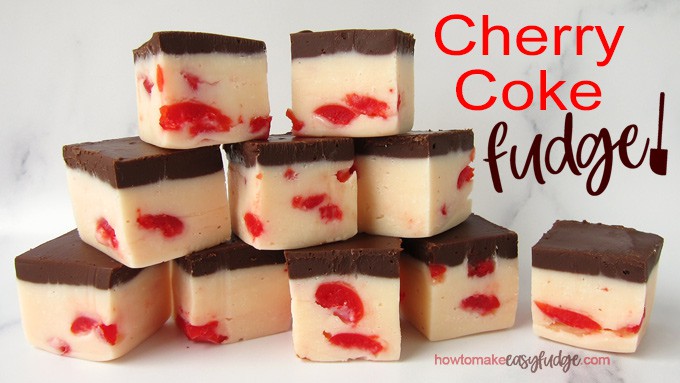 cherry coke fudge with layers of cherry fudge speckled with maraschino cherries topped with cola flavored chocolate fudge
