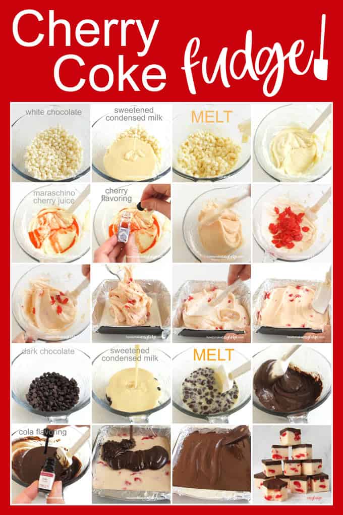 Collage of images showing the step-by-step process of making Cherry Coke fudge by melting white chocolate & condensed milk, adding maraschino cherry juice, cherry flavoring and maraschino cherries and melting chocolate and condensed milk and blending it with Cola flavoring to make two layered fudge. 
