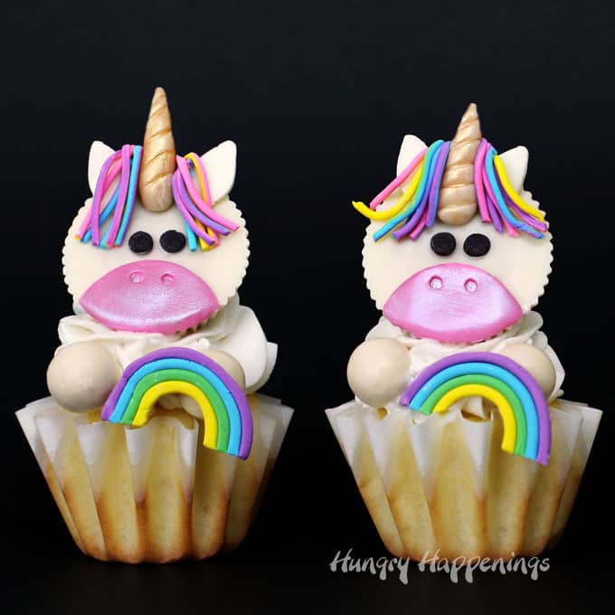 unicorn cupcakes with white chocolate Reese's Cups and rainbow modeling chocolate. 
