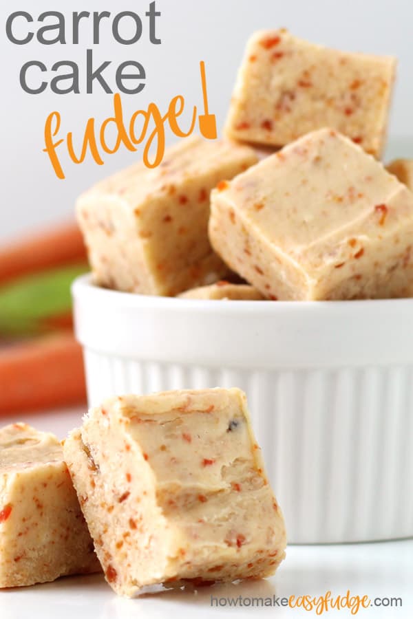 easy, 2-ingredient, microwave carrot cake fudge is piled up in a white ramekin set on a white background in front of a bunch of carrots