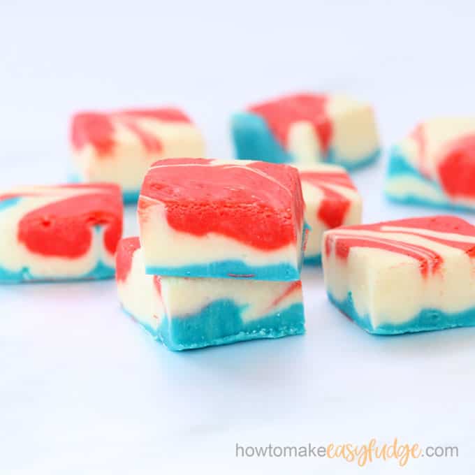 red white and blue fudge close-up with white background 