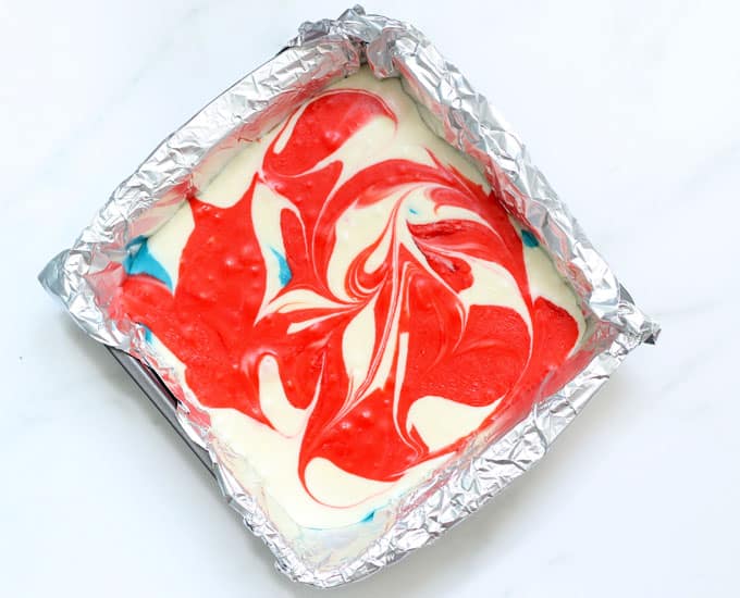 red white and blue fudge in baking pan