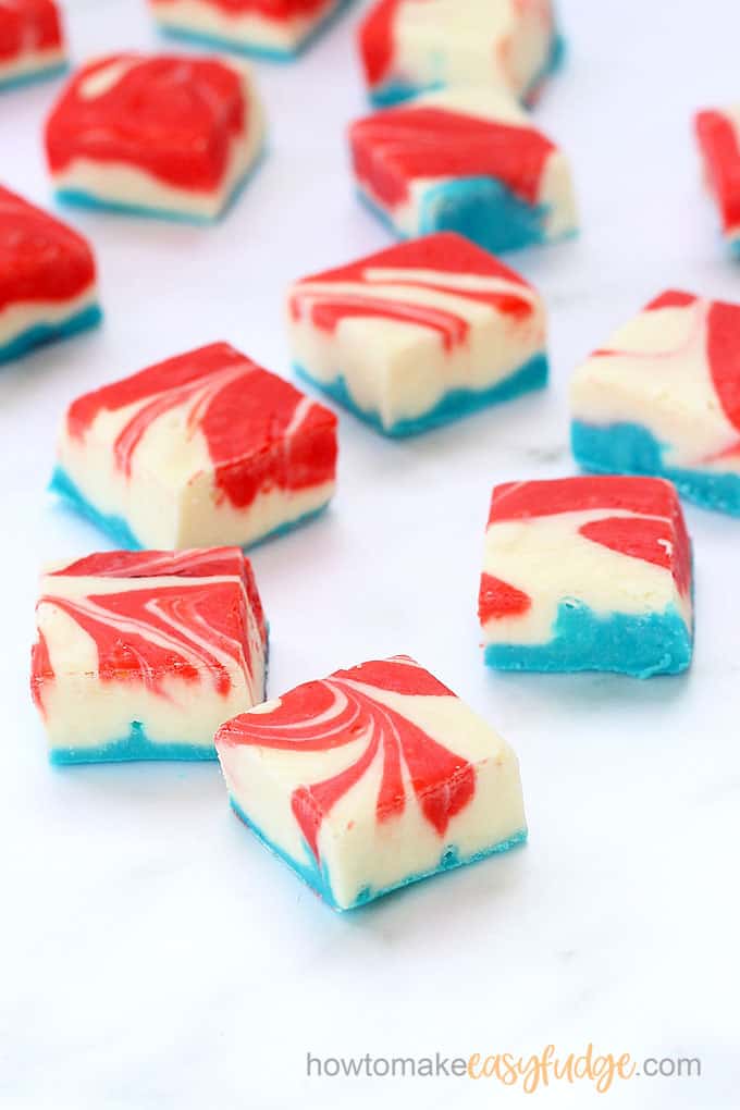 red white and blue fudge on white background overhead 