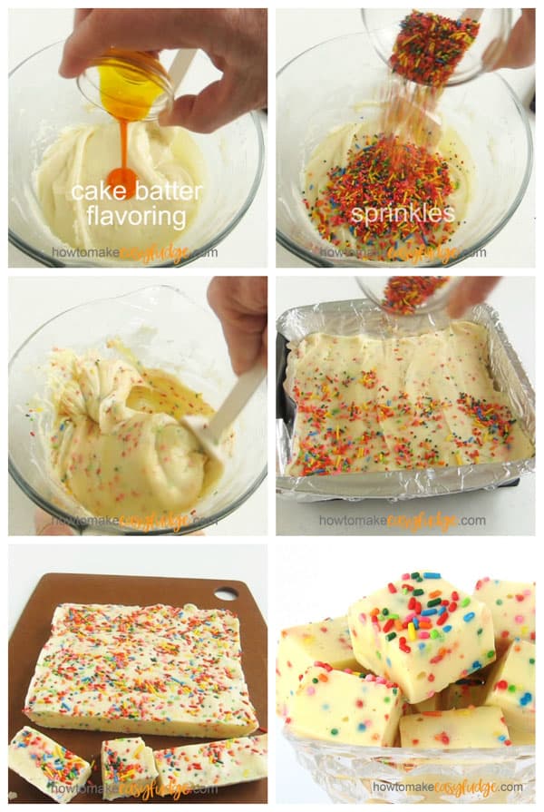 Add cake batter flavoring and rainbow sprinkles to white chocolate fudge to make Birthday Cake Fudge