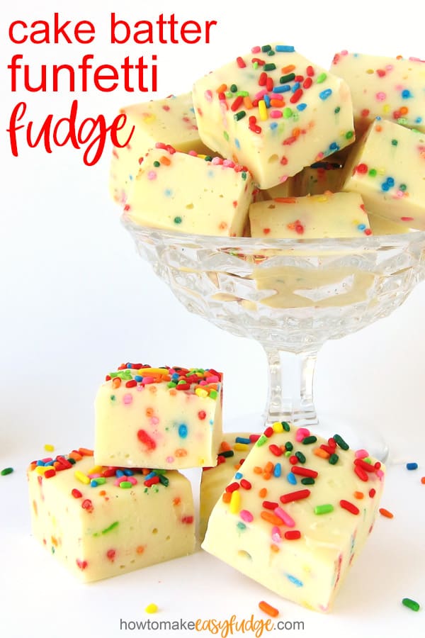 Candy dish filled with Cake Batter Funfetti Fudge toppe
