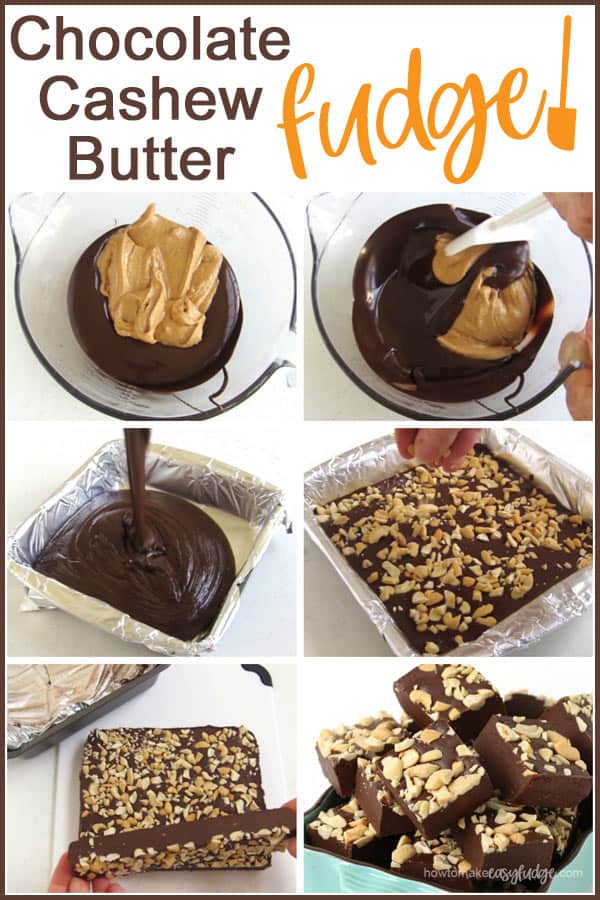 Blend cashew butter into melted semi-sweet chocolate then pour into an 8-inch pan and top with cashews. Chill, cut, and serve.