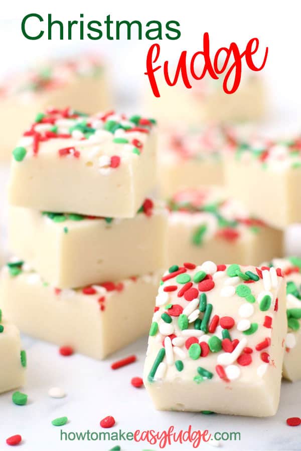 This Christmas Fudge is super easy to make using white chocolate and sweetened condensed milk. It's flavored with almond extract to give it a Christmas cookie flavor and then it's topped with red and green sprinkles. 