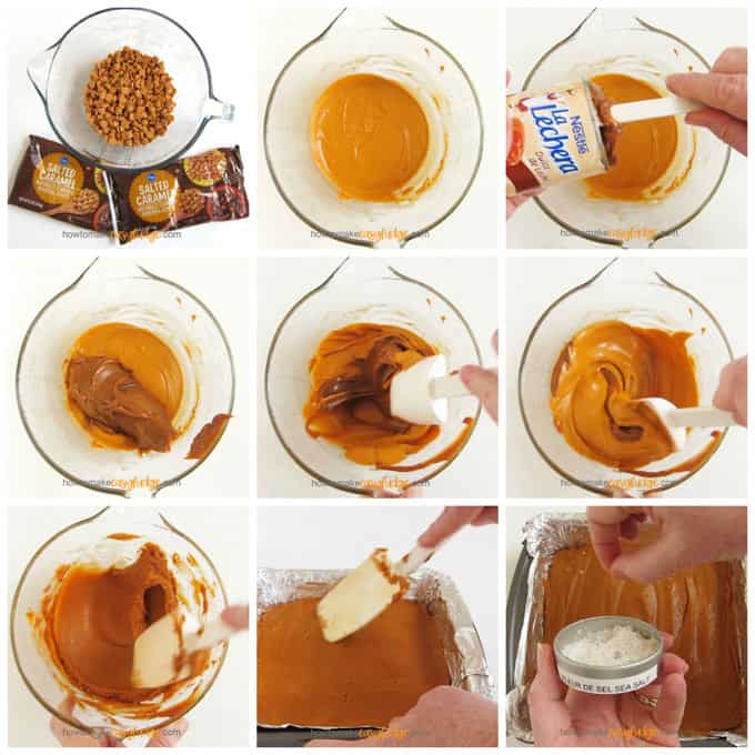 step-by-step process of making salted caramel fudge using caramel chips, Dulce de Leche, and salt