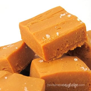 Easy 3-ingredient Salted Caramel Fudge made using Caramel baking chips and Dulce de Leche.