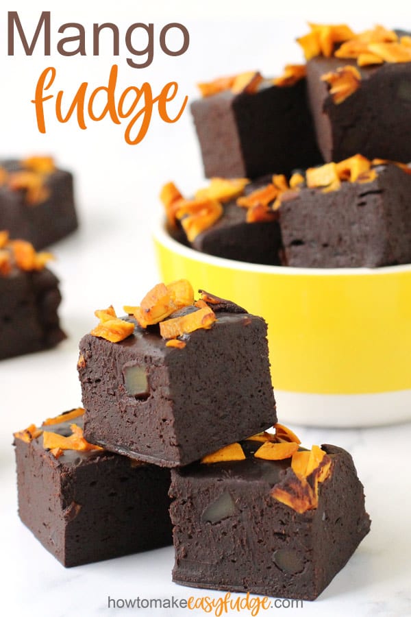 Pieces of chocolate mango fudge topped with bits of dried mangos.